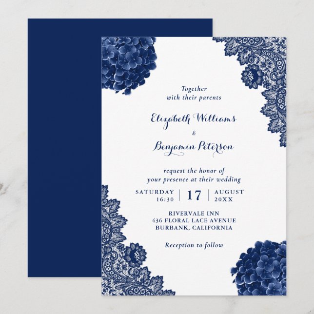 Custom Rustic Navy Blue Hydrangea Floral Wedding Invitation (Front/Back)