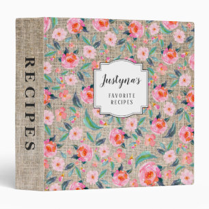 Custom Rustic Pink Floral Burlap Pattern Recipe Binder