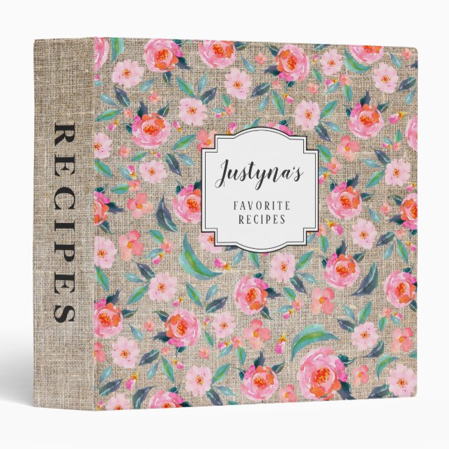 Custom Rustic Pink Floral Burlap Pattern Recipe Binder (Front/Spine)