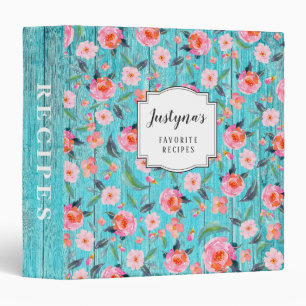 Custom Rustic Pink Floral Pattern Aqua Wood Recipe Binder