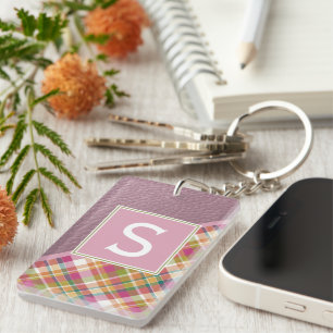 Custom Rustic Pink Green Stripe Plaid Pattern Keychain