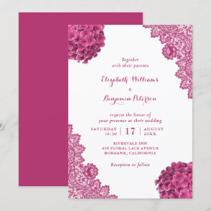 Custom Rustic Pink Hydrangea Floral Lace Wedding Invitation