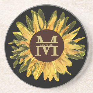 Custom Rustic Sunflower Monogram and Name Coaster
