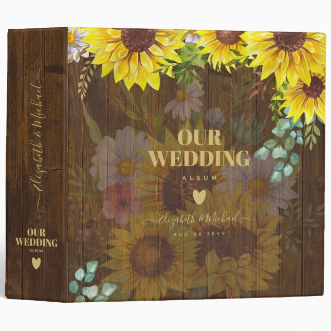 Custom Rustic Sunflowers Eucalyptus Leaves Wedding Binder (Front/Spine)