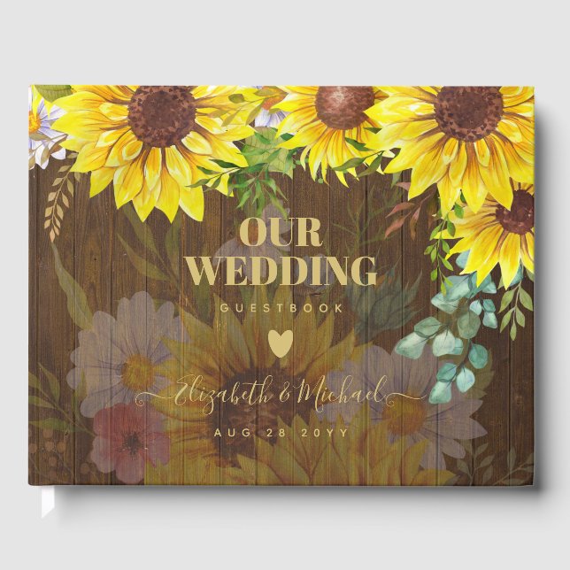 Custom Rustic Sunflowers Eucalyptus Leaves Wedding Guest Book (Front)