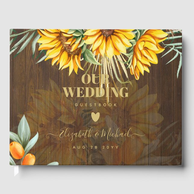 Custom Rustic Sunflowers Pampas Grass Wedding Guest Book (Front)