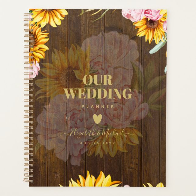 Custom Rustic Sunflowers Pink Roses Wedding Planner (Front)