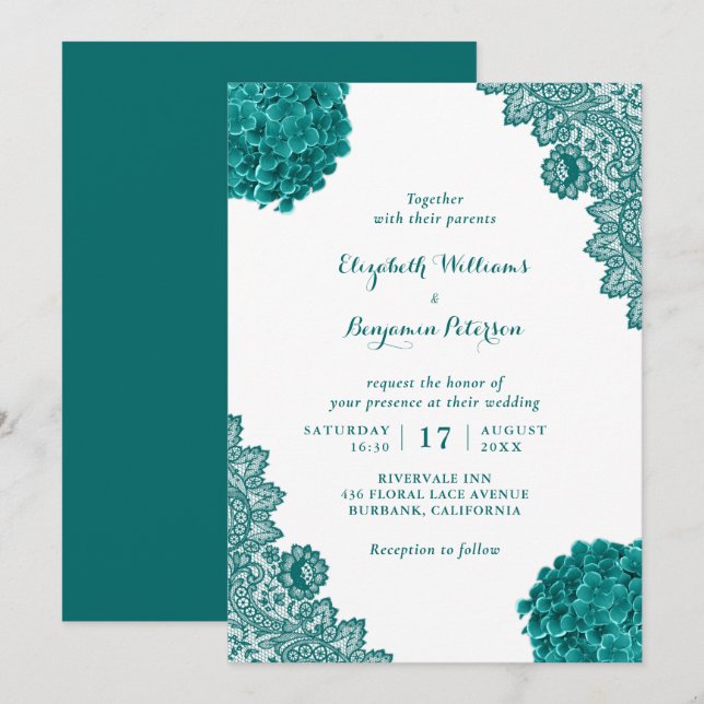 Custom Rustic Teal Hydrangea Floral Lace Wedding Invitation (Front/Back)
