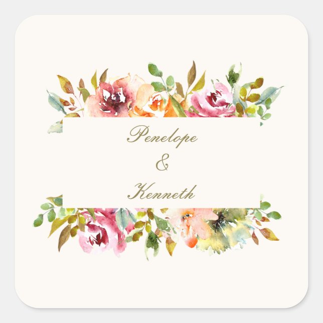 Custom Rustic Watercolor Floral Wedding  Square Sticker (Front)