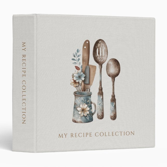 Custom Rustic Watercolor Kitchen Utensils Florals Binder (Front/Spine)