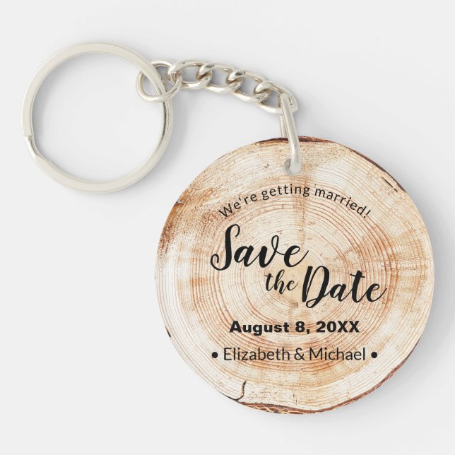Custom Rustic Wood Cut Disc Wedding Save the Date  Keychain (Front)