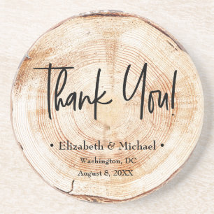 Custom Rustic Wood Disc Thank you Script Wedding Coaster