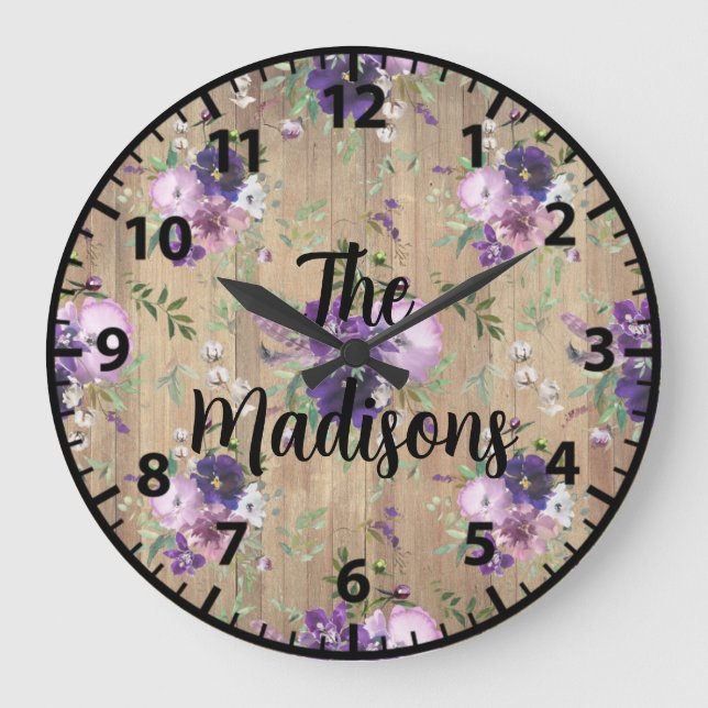 Custom Rustic Wood Flowers Elegant Purple Unique Large Clock (Front)