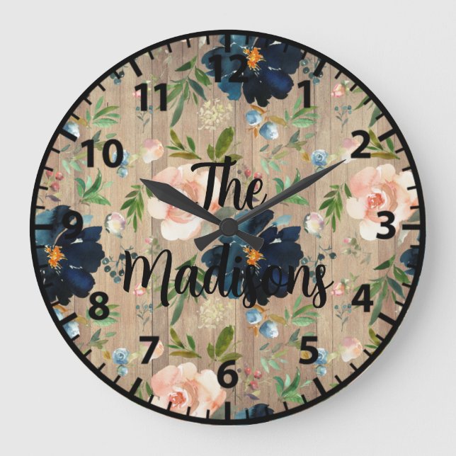 Custom Rustic Wood Flowers Navy Blue Pink Roses Large Clock (Front)