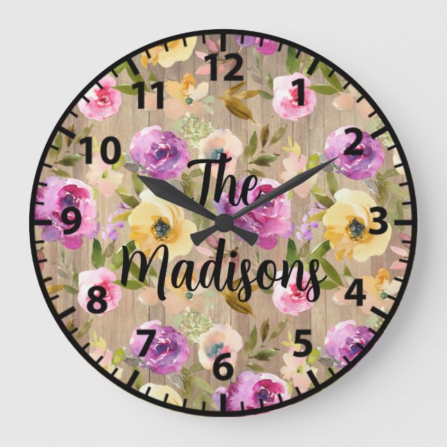 Custom Rustic Wood Flowers Spring Colours Large Clock (Front)