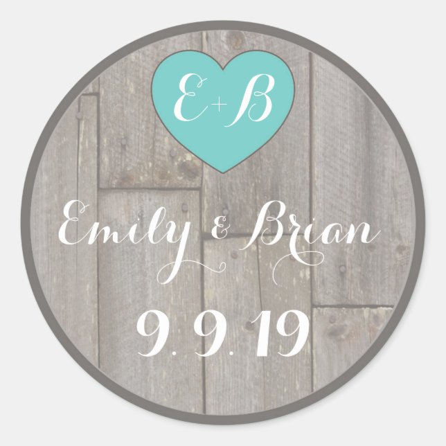 Custom rustic wood heart wedding sticker labels (Front)