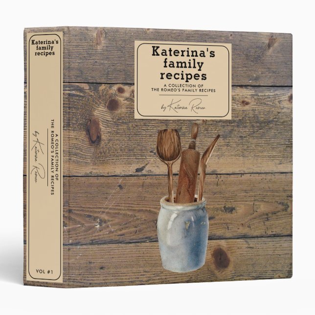 Custom Rustic Wood Kitchen Utensils Family Recipe Binder (Front/Spine)