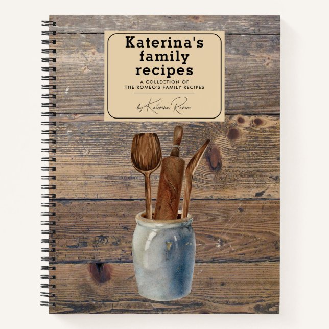 Custom Rustic Wood Kitchen Utensils Family Recipe Notebook (Front)
