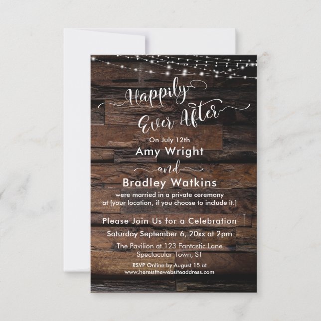 Custom - Rustic Wood Lights Happily Ever After Invitation (Front)