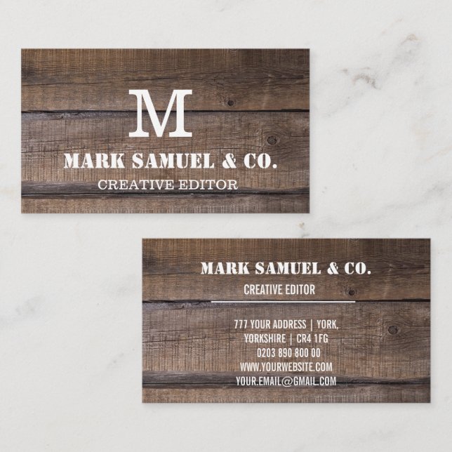Custom Rustic Wood Monogram Professional Bar Business Card (Front/Back)
