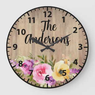 Custom Rustic Wood Pink Purple Yellow Roses  Large Clock