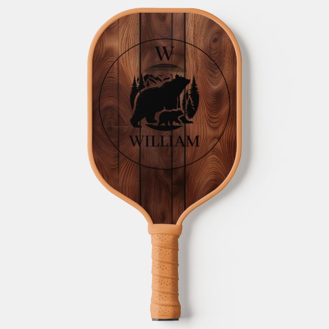 Custom Rustic Wood Texture & Bear Monogram Pickleball Paddle (Front)