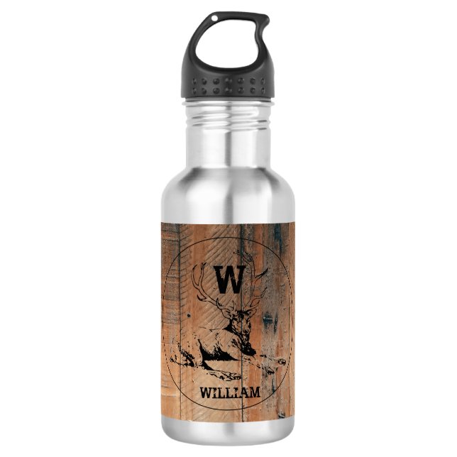 Custom Rustic Wood Texture & Deer Monogram 532 Ml Water Bottle (Front)