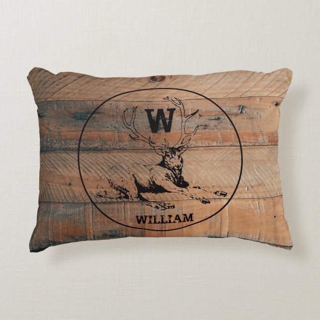 Custom Rustic Wood Texture & Deer Monogram Accent Pillow (Front)