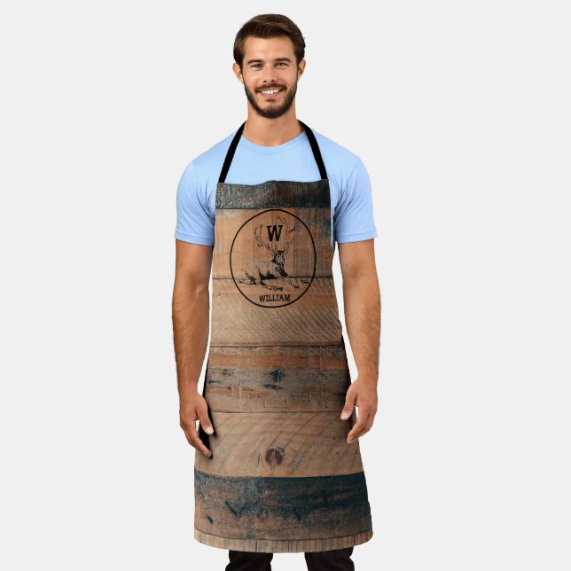 Custom Rustic Wood Texture & Deer Monogram Apron (Worn)