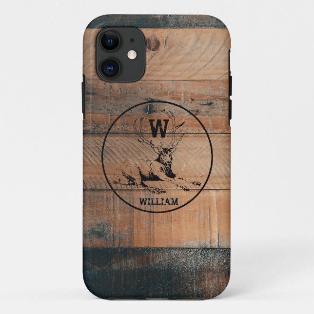 Custom Rustic Wood Texture & Deer Monogram Case-Mate iPhone Case (Back)