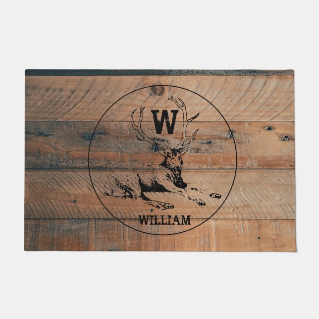 Custom Rustic Wood Texture & Deer Monogram Doormat (Front)