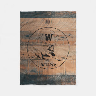 Custom Rustic Wood Texture & Deer Monogram Fleece Blanket