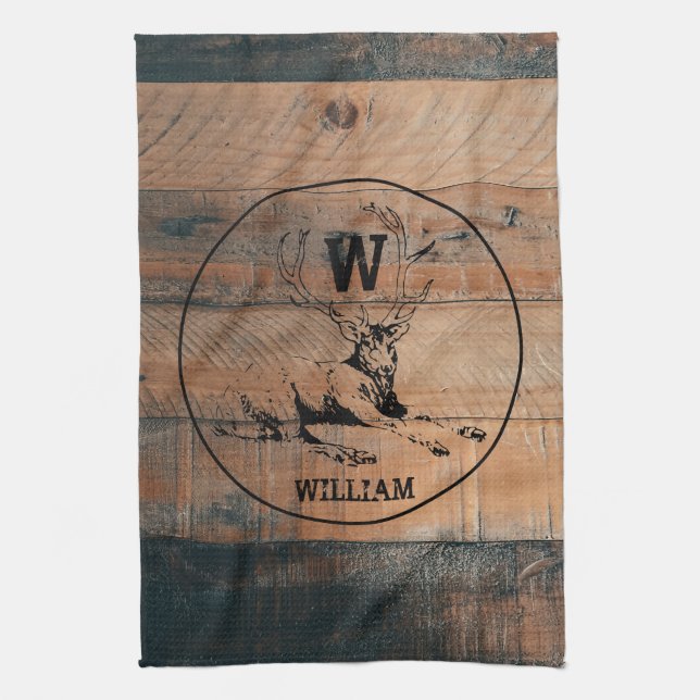 Custom Rustic Wood Texture & Deer Monogram Kitchen Towel (Vertical)
