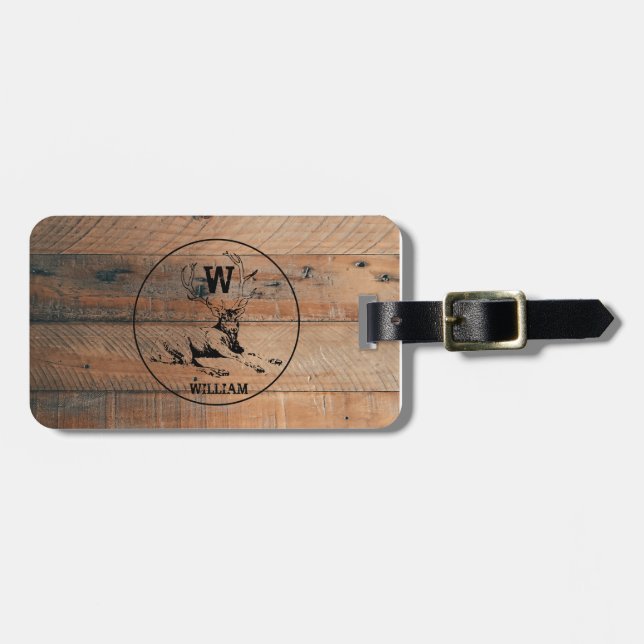 Custom Rustic Wood Texture & Deer Monogram Luggage Tag (Front Horizontal)