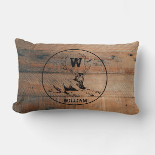 Custom Rustic Wood Texture & Deer Monogram Lumbar Pillow