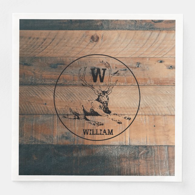 Custom Rustic Wood Texture & Deer Monogram Napkin (Front)