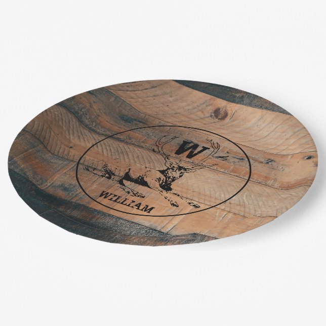 Custom Rustic Wood Texture & Deer Monogram Paper Plate (Angled)