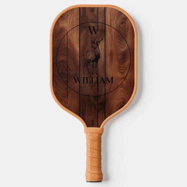 Custom Rustic Wood Texture & Deer Monogram Pickleball Paddle (Front)