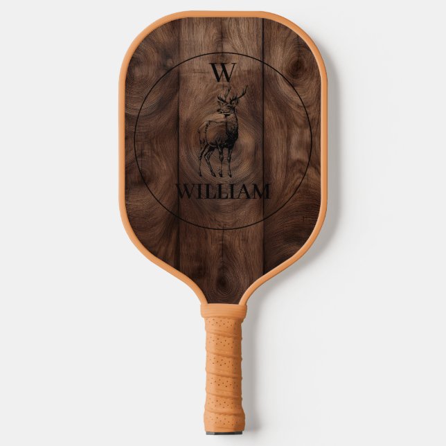 Custom Rustic Wood Texture & Deer Monogram Pickleball Paddle (Front)