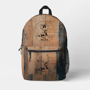 Custom Rustic Wood Texture & Deer Monogram Printed Backpack