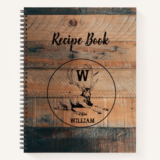 Custom Rustic Wood Texture & Deer Monogram Recipe Notebook (Front)
