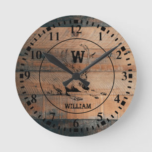 Custom Rustic Wood Texture & Deer Monogram Round Clock