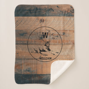 Custom Rustic Wood Texture & Deer Monogram Sherpa Blanket