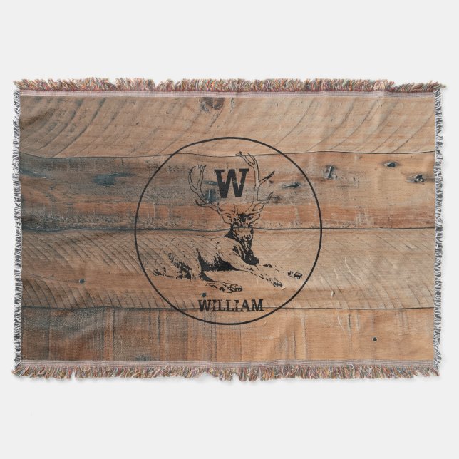 Custom Rustic Wood Texture & Deer Monogram Throw Blanket (Front)
