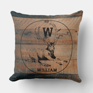 Custom Rustic Wood Texture & Deer Monogram Throw Pillow