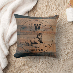 Custom Rustic Wood Texture & Deer Monogram Throw Pillow