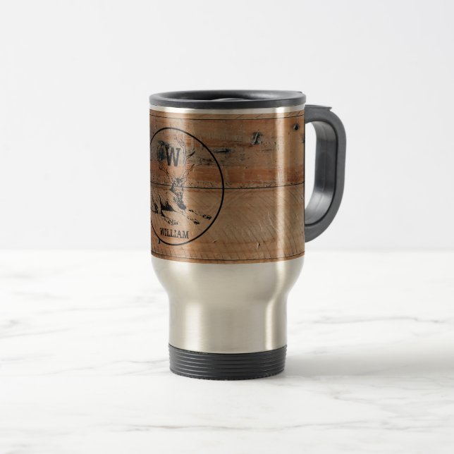 Custom Rustic Wood Texture & Deer Monogram Travel Mug (Front Right)