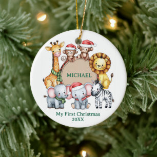 Custom Safari Animals Baby 1st First Christmas     Ceramic Ornament