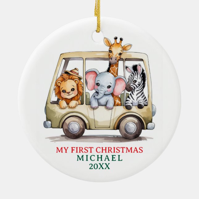 Custom Safari Animals Baby 1st First Christmas Ceramic Ornament (Back)