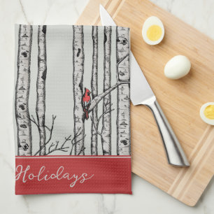 Custom Sage Birch Trees and Red Cardinal Birds Kitchen Towel